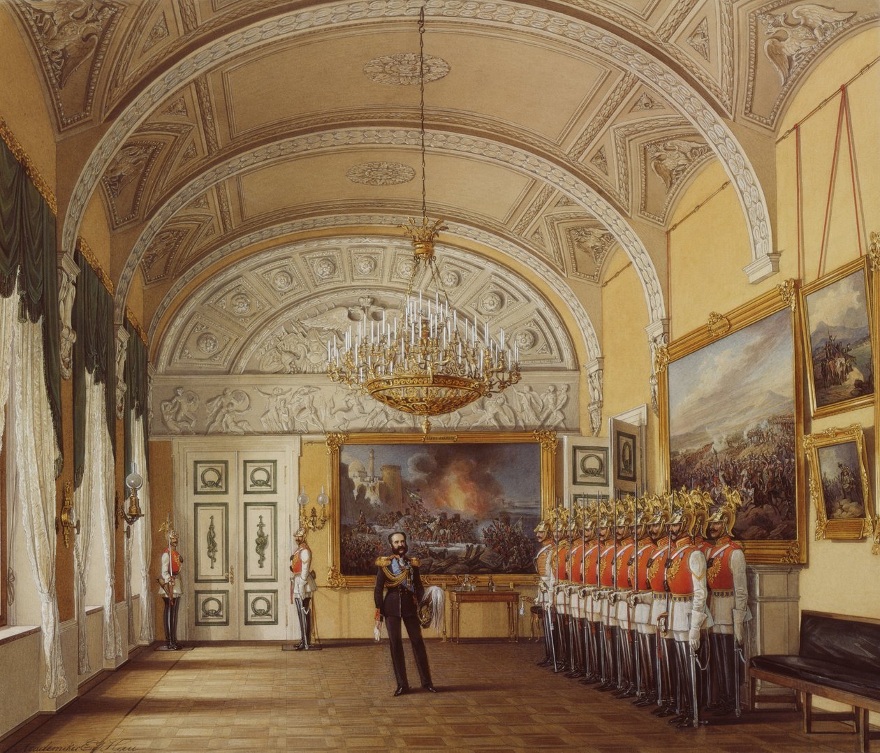 Interiores do Palácio de inverno. A sala da guarda, 1864 de Eduard Hau