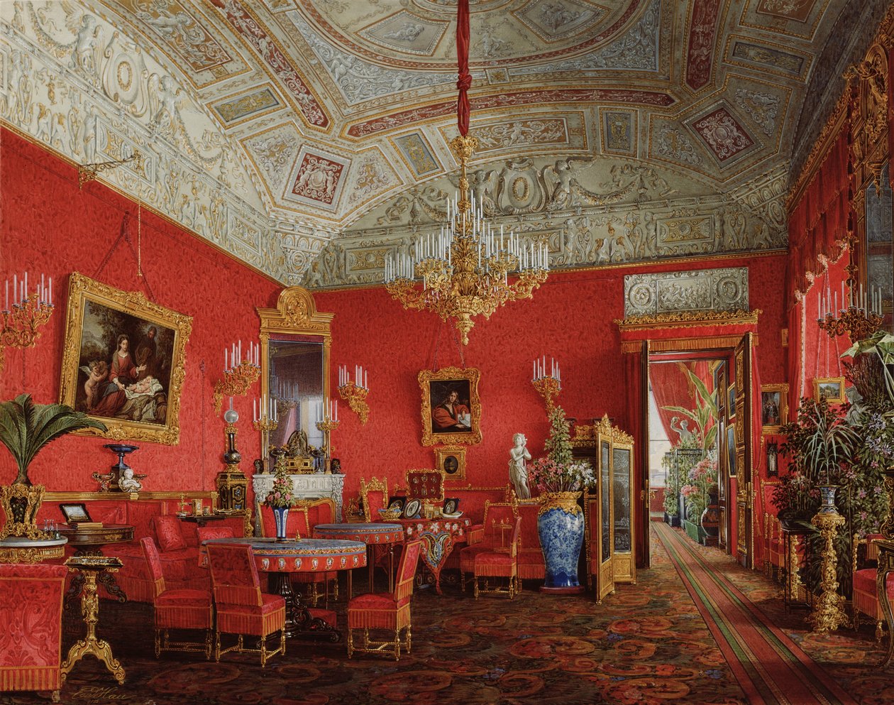 Interiores do Palácio de inverno. A grande sala de estar da imperatriz Alexandra Fyodorovna, 1858 de Eduard Hau