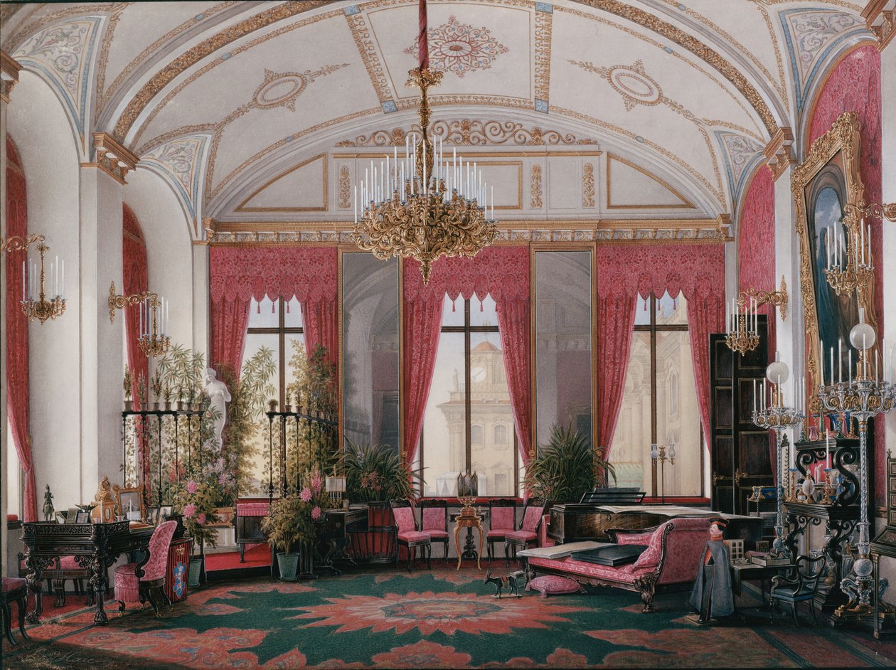 Interiores do Palácio de inverno. O Estudo de Framboesa da Imperatriz Maria Alexandrovna, década de 1860 de Eduard Hau