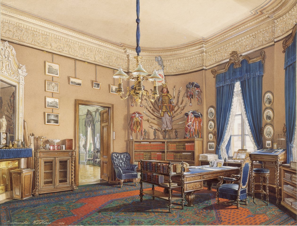 Interiores do Palácio de inverno. O estudo do príncipe herdeiro Nikolay Aleksandrovich, 1865 de Eduard Hau
