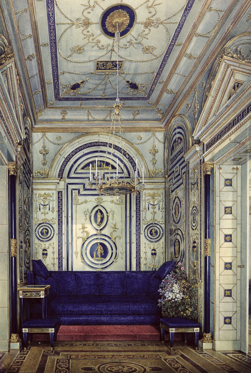 O Estudo Azul no Grand Palais em Tsarkoye Selo, antes de 1840 (wc, guache e tinta sobre papel) de Eduard Hau