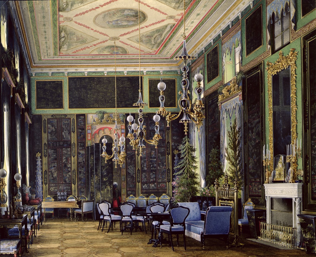 A Sala Chinesa no Grande Palácio em Tsarskoye Selo (wc, guache e tinta sobre papel) de Eduard Hau