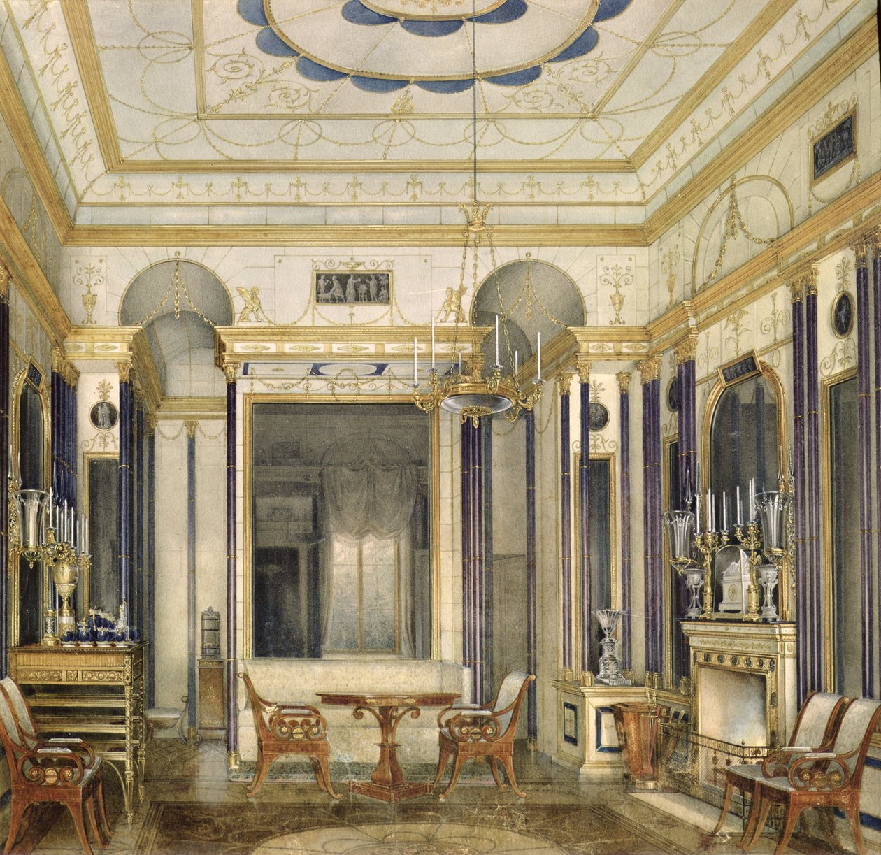 A Sala de Estar da Imperatriz Maria Alexandrovna no Grande Palácio em Tsarskoye Selo (wc, guache e tinta sobre papel) de Eduard Hau