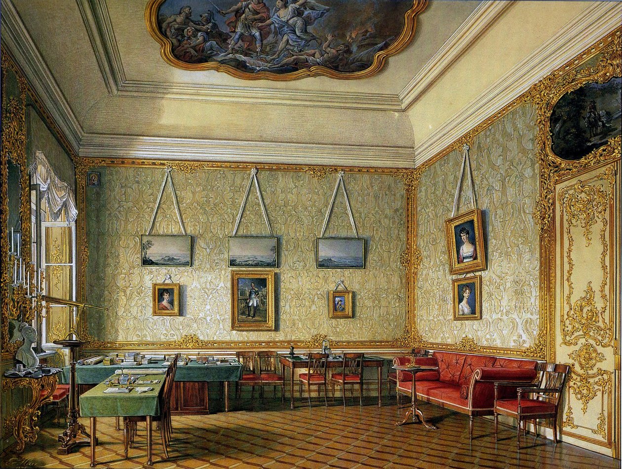 O trabalho ou pequeno estudo do imperador Alexandre I no grande palácio de Tsarskoye Selo, 1875 de Eduard Hau