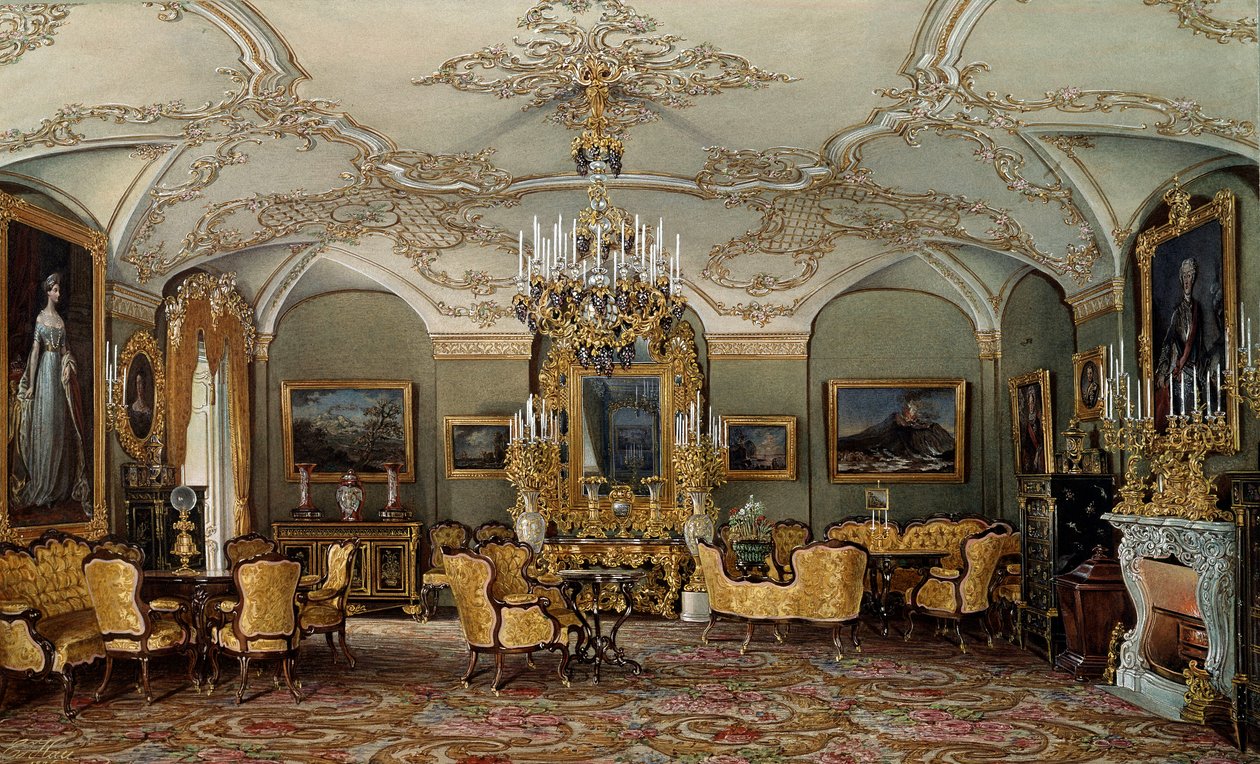 Vista do Salão de Alexandra Fyodorovna (Fedorovna ou Feodorovna ou Charlotte da Prússia (1798-1860)), esposa do Czar Nicholas I no Palácio Gatchina. Aquarela atribuída a Eduard (Edouard) Hau (1807-1870) Século XIX São Petersburgo, Museu Hermitage de Eduard Hau