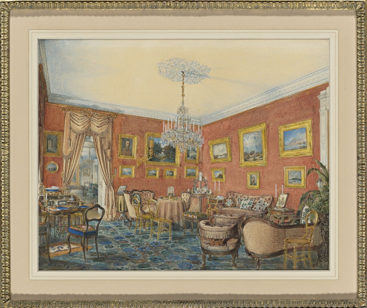 Vista da sala de estar dos artistas em sua casa no Neva em São Petersburgo, 1859 de Eduard Hau
