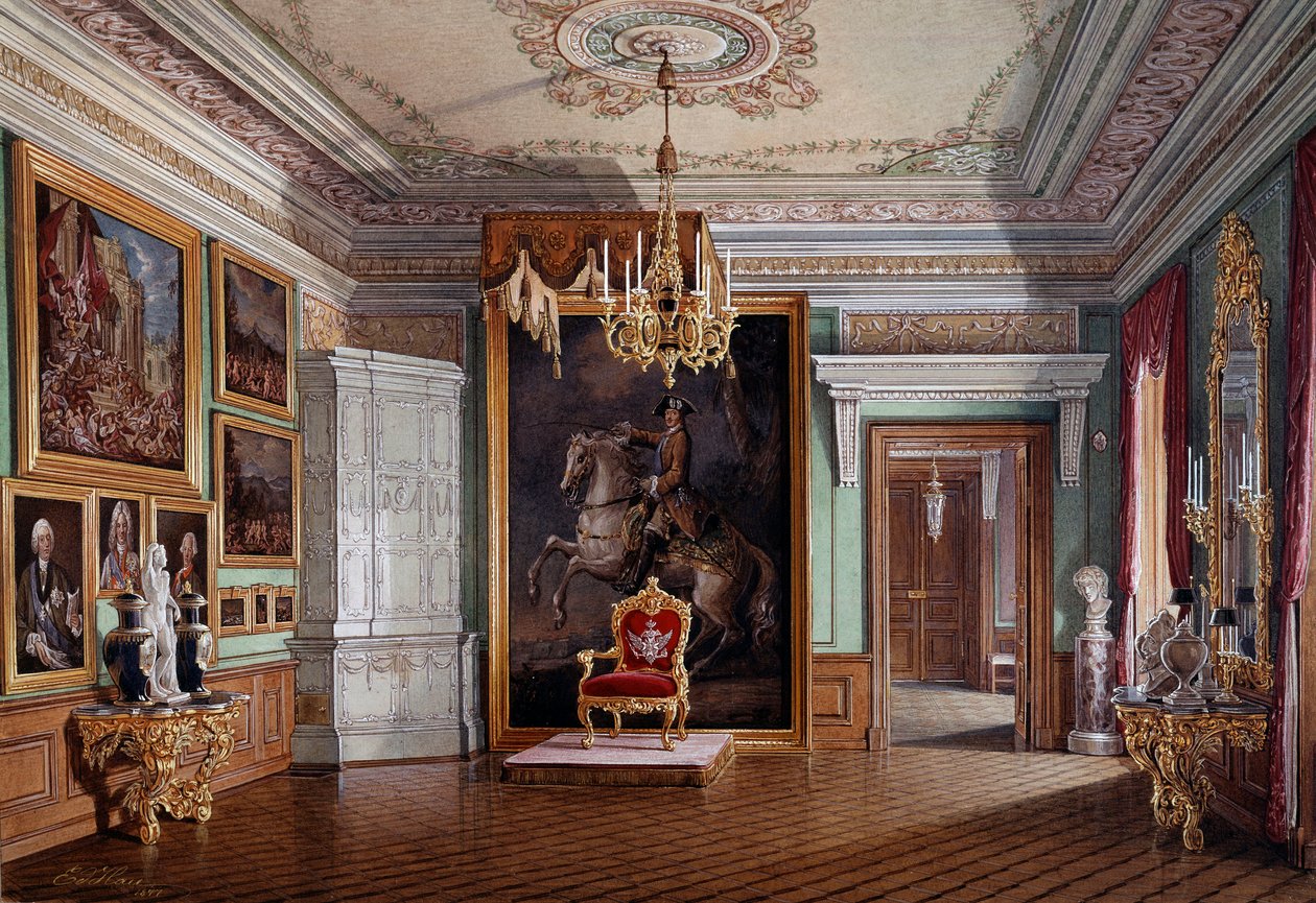 Vista da sala do trono de Paulo I (1754-1801) em Gatchina, no centro o retrato de Pedro I Aquarela de Eduard (Edward) Hau (1807-1870) Século XIX São Petersburgo, Museu Hermitage de Eduard Hau