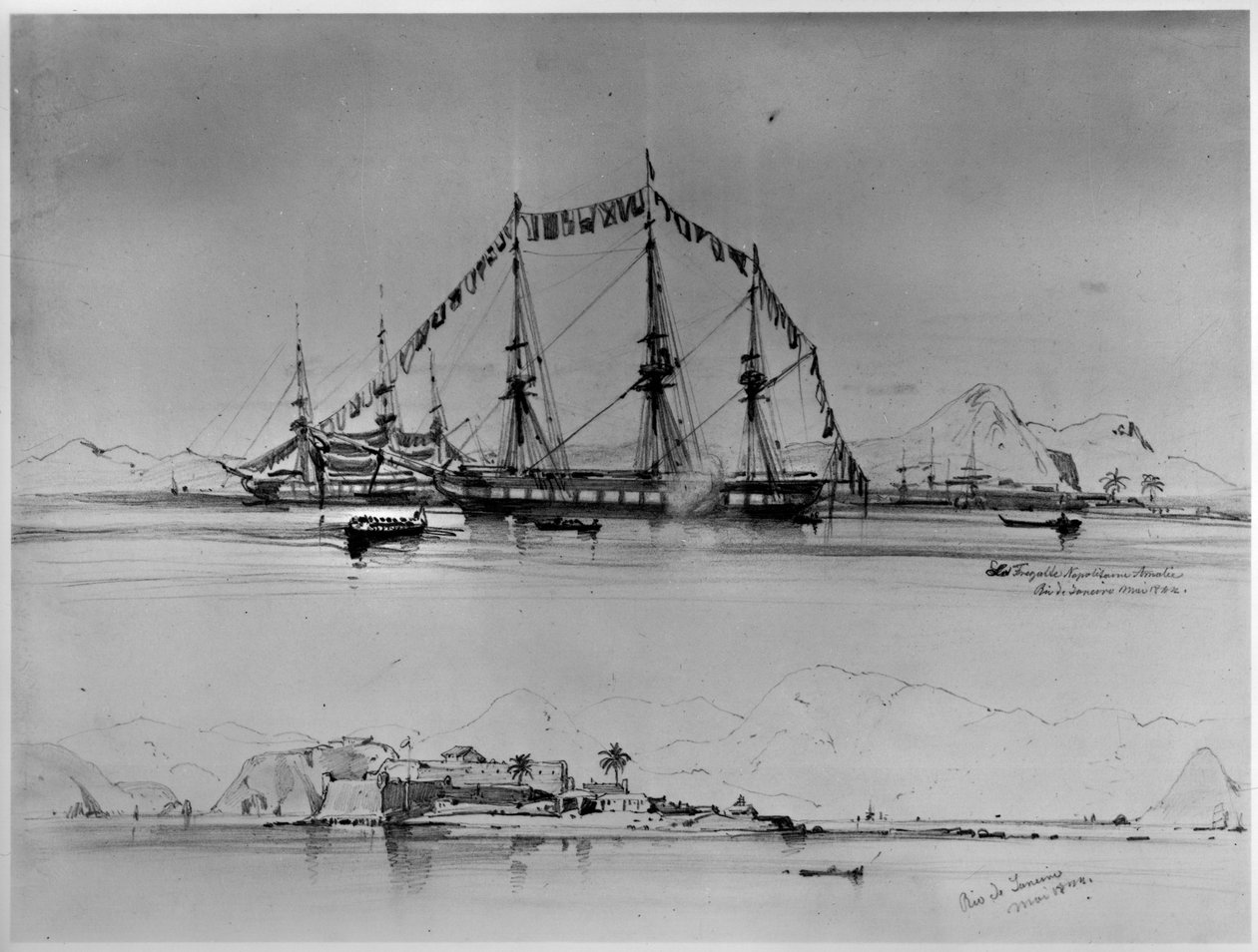 Trimestre na costa e vista de um forte perto do Rio de Janeiro de Eduard Hildebrandt