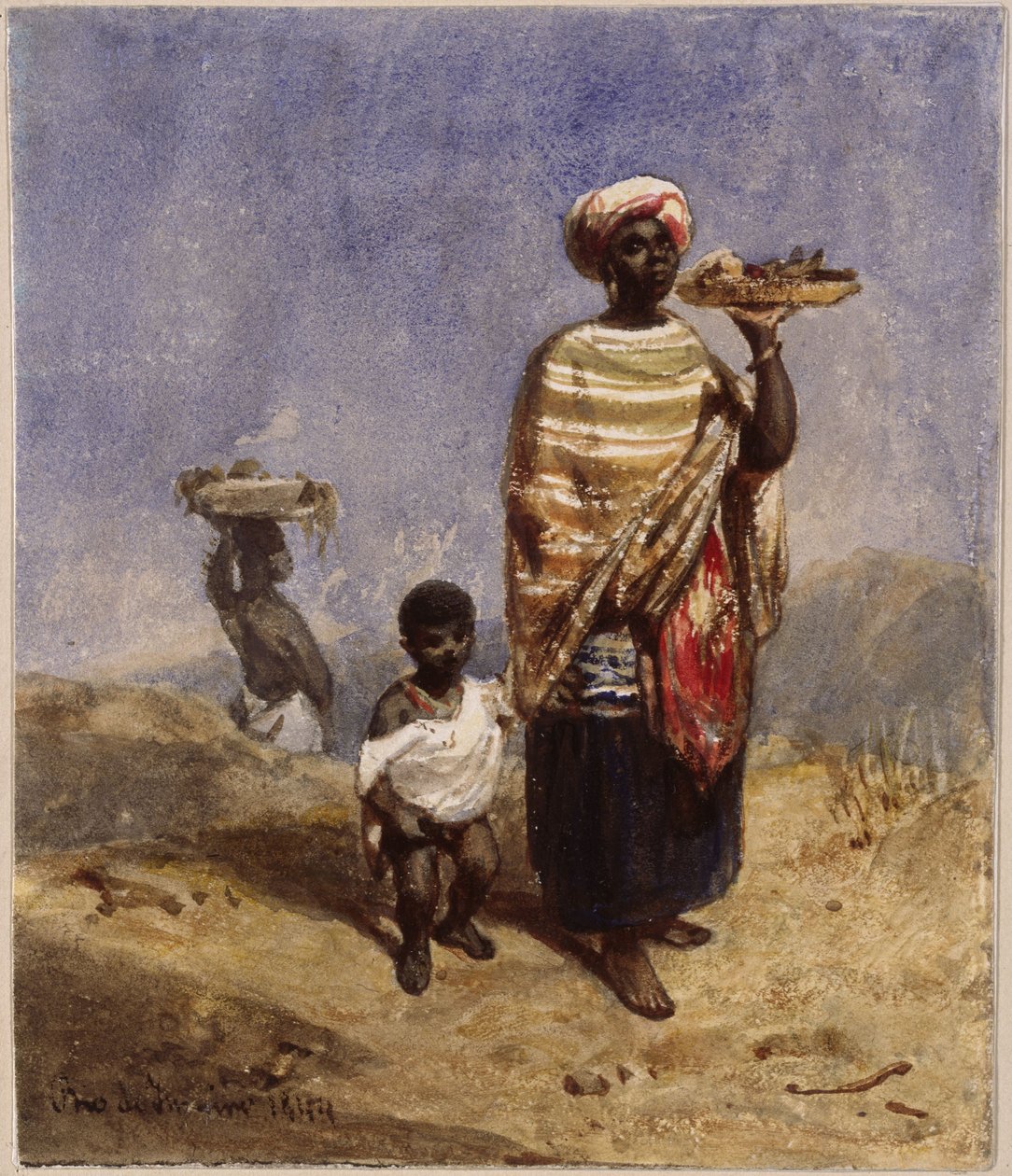 Uma mulher afro-brasileira, a segurar um menino pela mão direita e a segurar uma fruteira com a esquerda de Eduard Hildebrandt