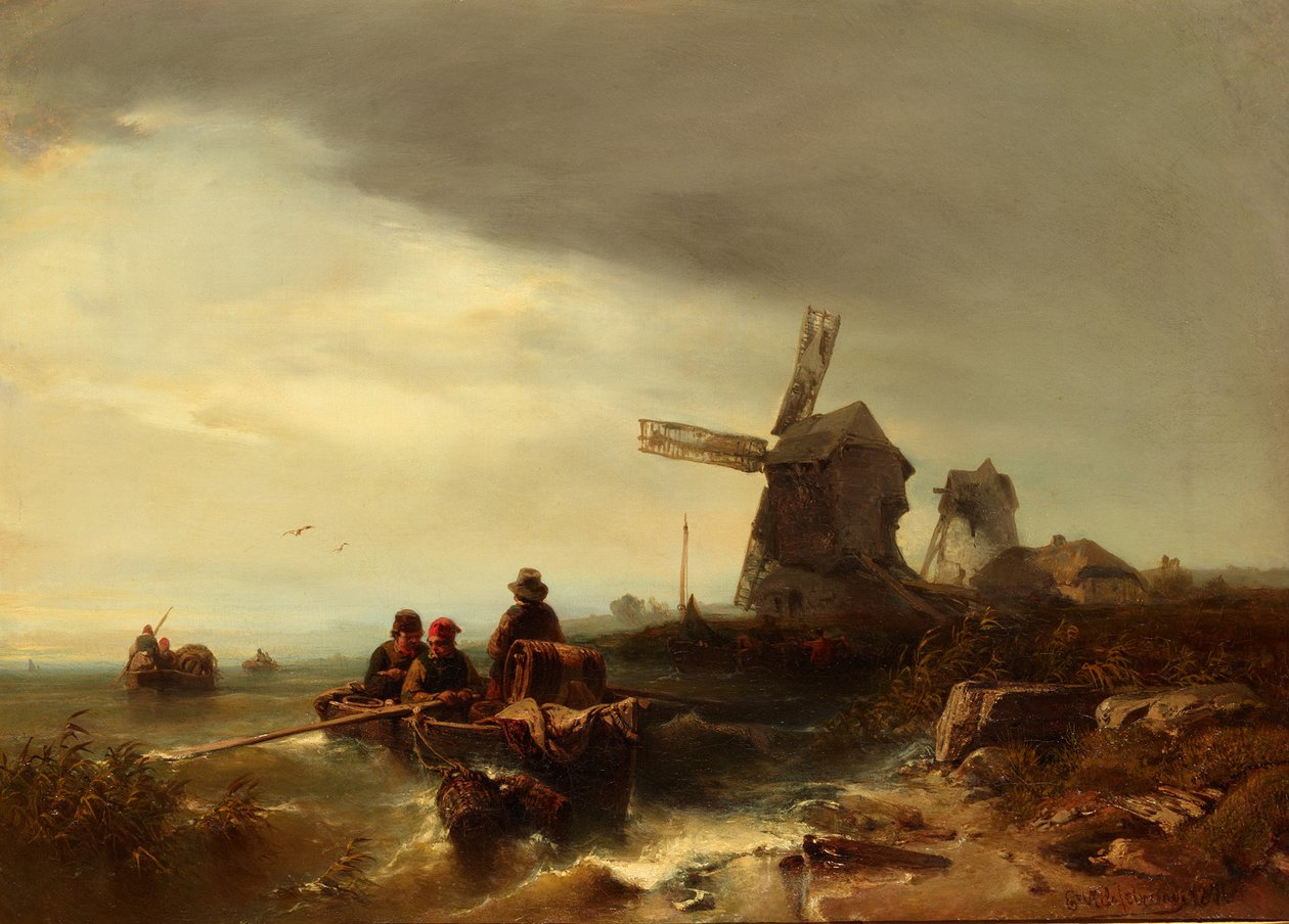 Costa da Normandia com moinhos de vento e barcos de pesca de Eduard Hildebrandt