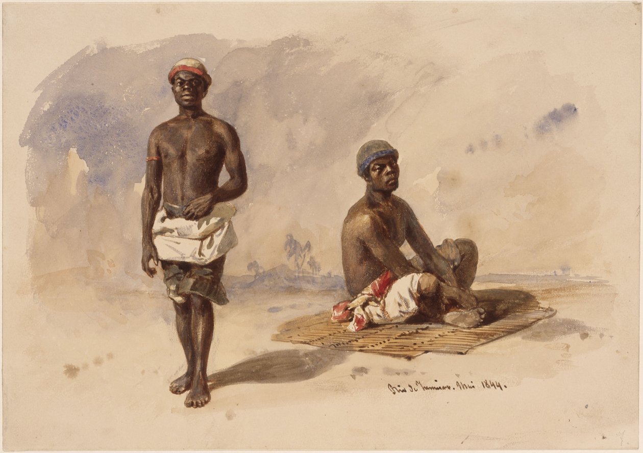Dois afro-brasileiros; um de pé, de frente, o outro sentado numa esteira de canas de Eduard Hildebrandt