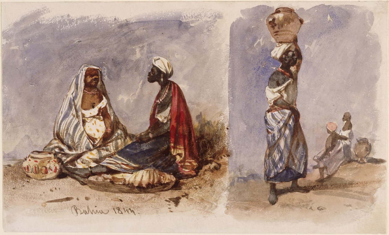 Duas cenas com vendedoras ambulantes da Bahia, sentadas e de pé de Eduard Hildebrandt