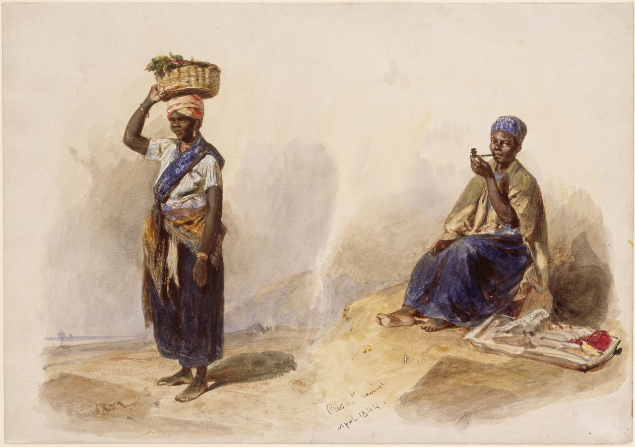 Duas vendedoras ambulantes negras; uma de pé com um cesto na cabeça, a outra sentada a fumar um cachimbo de Eduard Hildebrandt