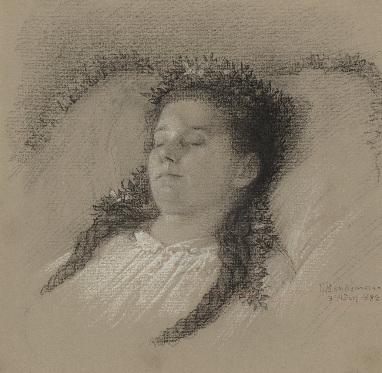 Uma garota em seu leito de morte com uma coroa de flores de Eduard Julius Friedrich Bendemann