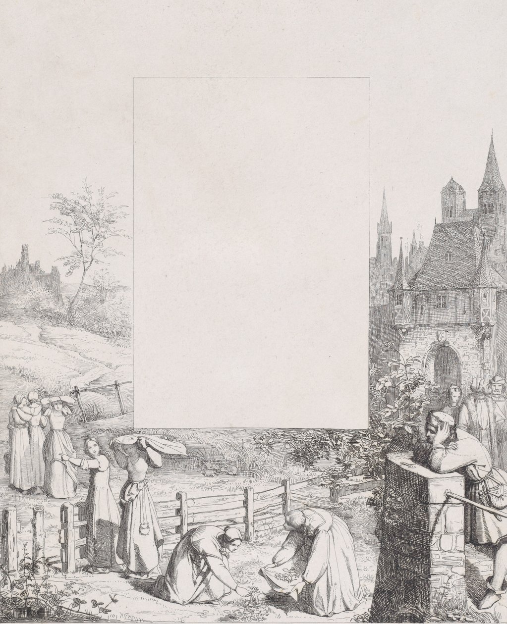 Prancha 5: mulheres coletando plantas e carregando-as sobre suas cabeças, um espectador masculino em ri..., 1836. de Eduard Julius Friedrich Bendemann