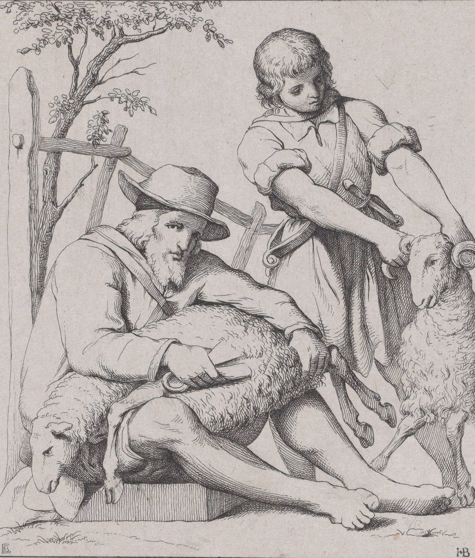 Dois homens tosquia de ovelhas, ca. 1842. de Eduard Julius Friedrich Bendemann