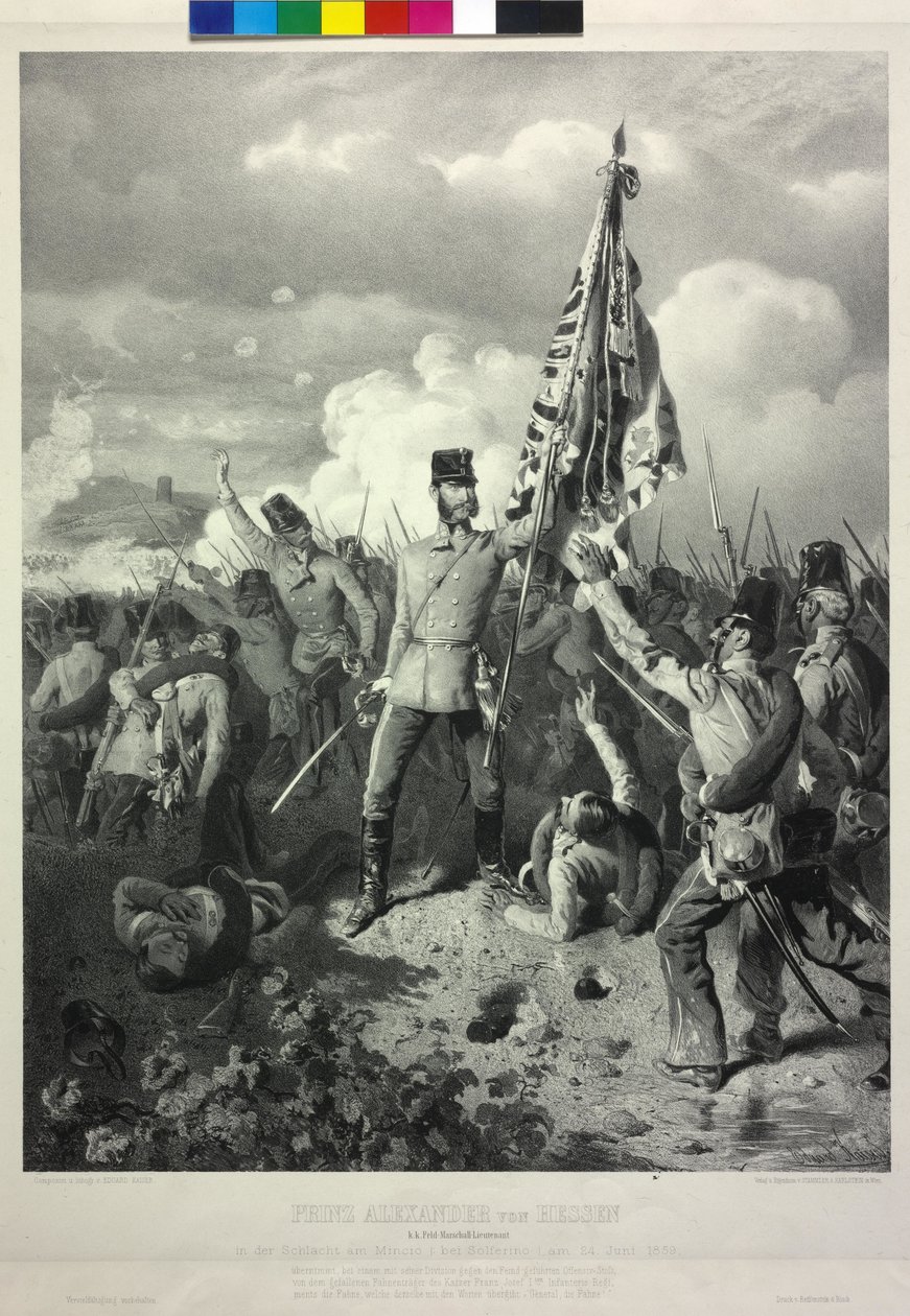 O príncipe Alexandre de Hesse, tenente marechal de campo na batalha do Mincio em Solferino, a 24 de junho de 1859. junho de 1859 de Eduard Kaiser