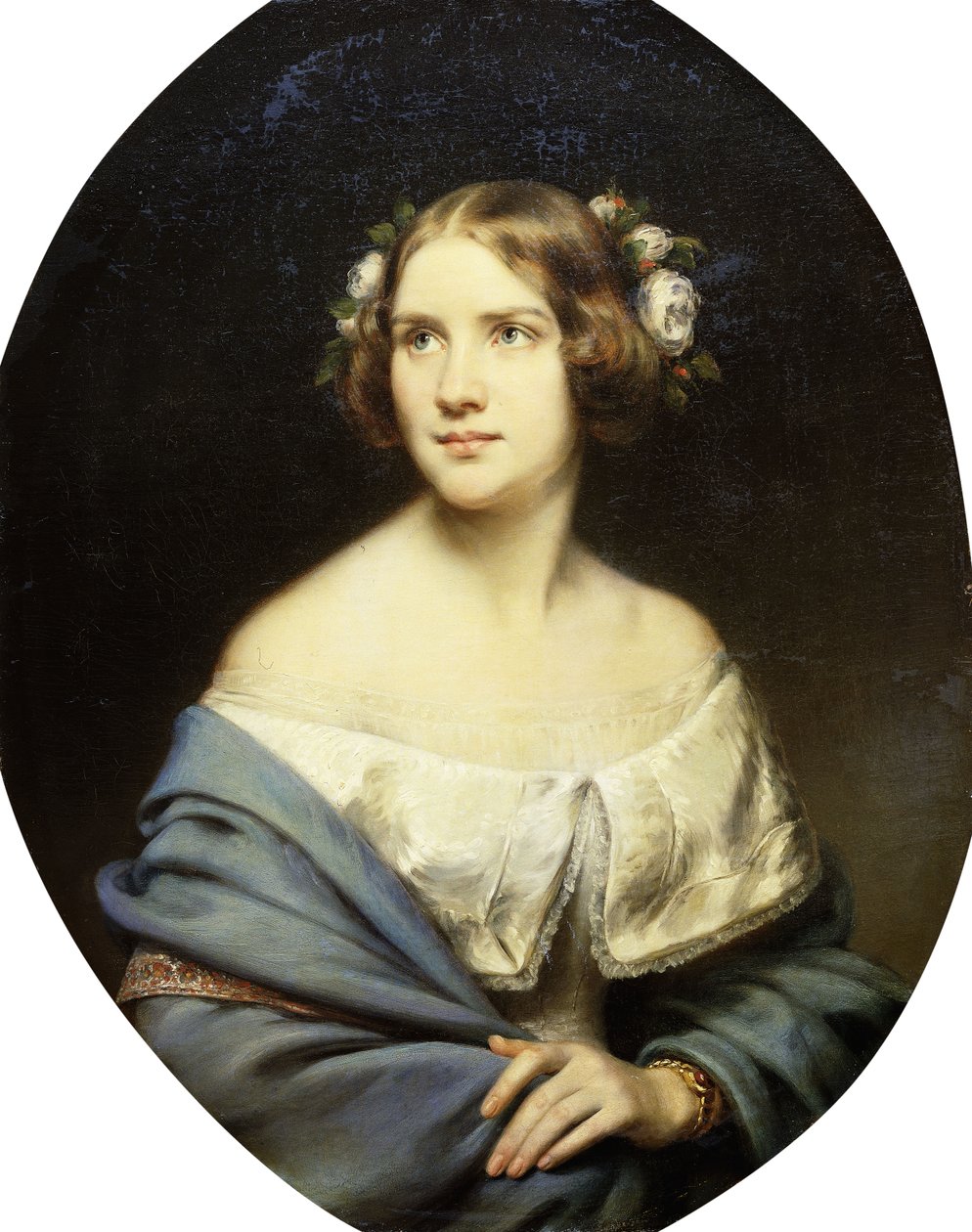 Retrato de Jenny Lind, com metade do comprimento em um vestido branco e um xale azul claro, de Eduard Magnus