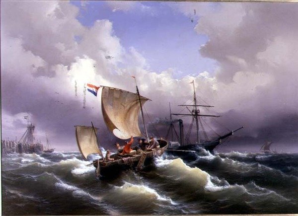 Navios em Choppy Water off a Coastline de Eduard Schmidt