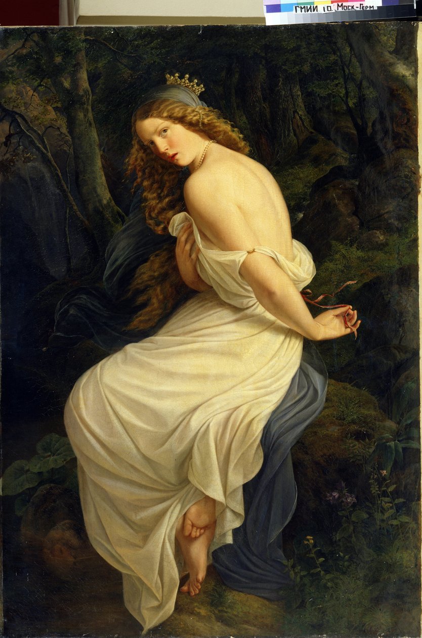 Undine (Indine). O génio da água na mitologia germânica como ninfa ou naiada. Pintura de Eduard Steinbrueck (Steinbruck) (1802-1882). Óleo sobre tela de Eduard Steinbruck