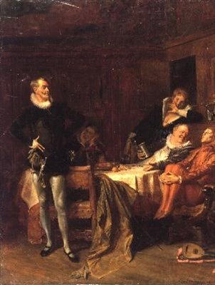"Décima segunda noite", Acto II, Cena 3: Maria, palhaço, Sir Andrew Aguecheek, Malvolio e Sir Toby Belch de Eduard von Grutzner