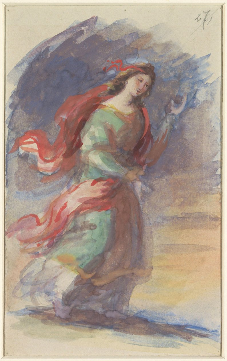 Mulher jovem caminhando, em túnica colorida e de abas, contra um fundo escuro de Eduard von Heuss