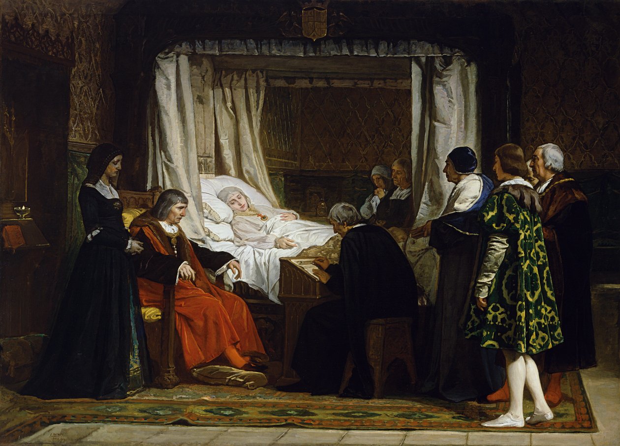 La Reine Isabelle la Catholique dita o testamento do filho - Rainha Isabella I de Castela ditando o seu último testamento - Peinture de Eduardo Rosales Gallina (1836-1873) - 1864 - Óleo sobre tela - 290x400 - Museo del Prado, Madrid de Eduardo Rosales