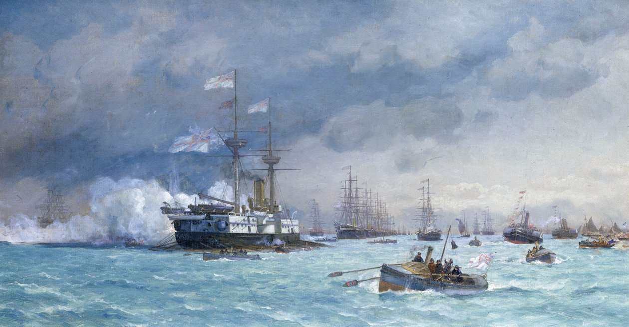 HMS "Edinburgh" em exercício anti-torpedo, c.1887 (óleo sobre tela) de Eduardo de Martino