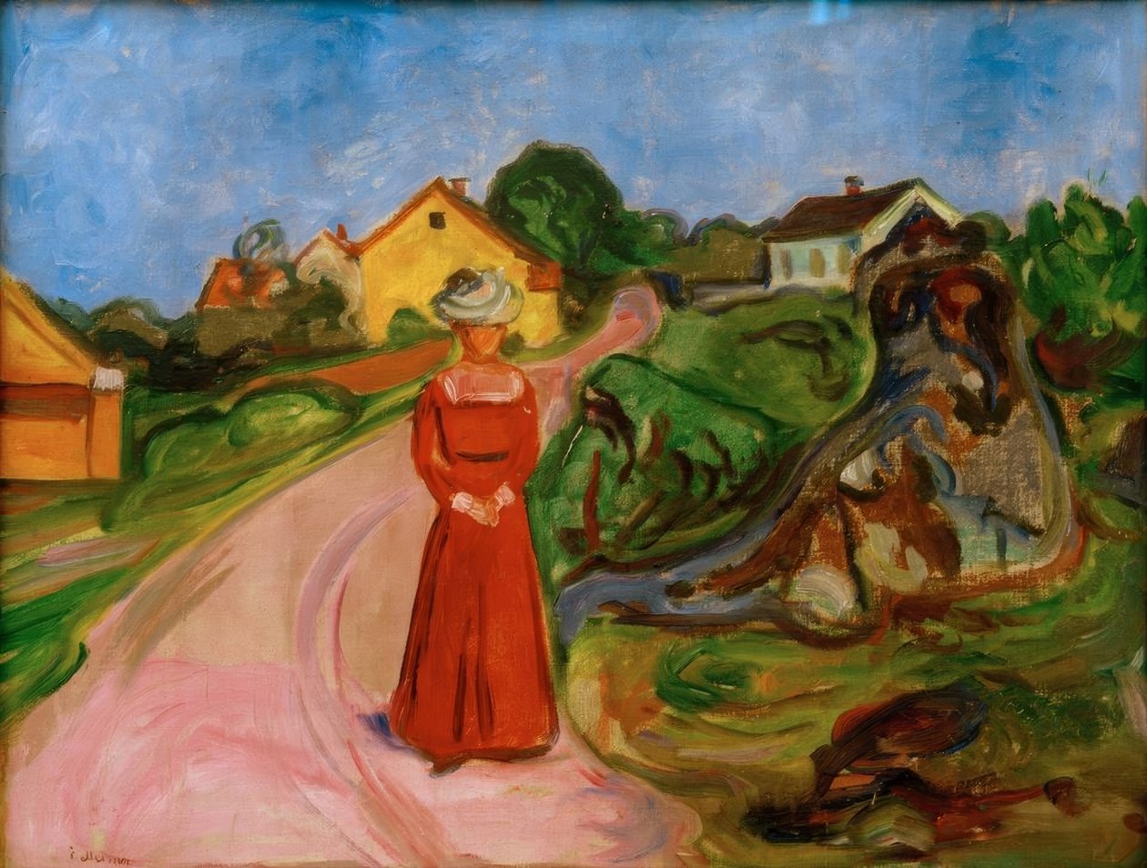 Mulher de vestido vermelho (rua em Åsgårdstrand) de Edvard Munch