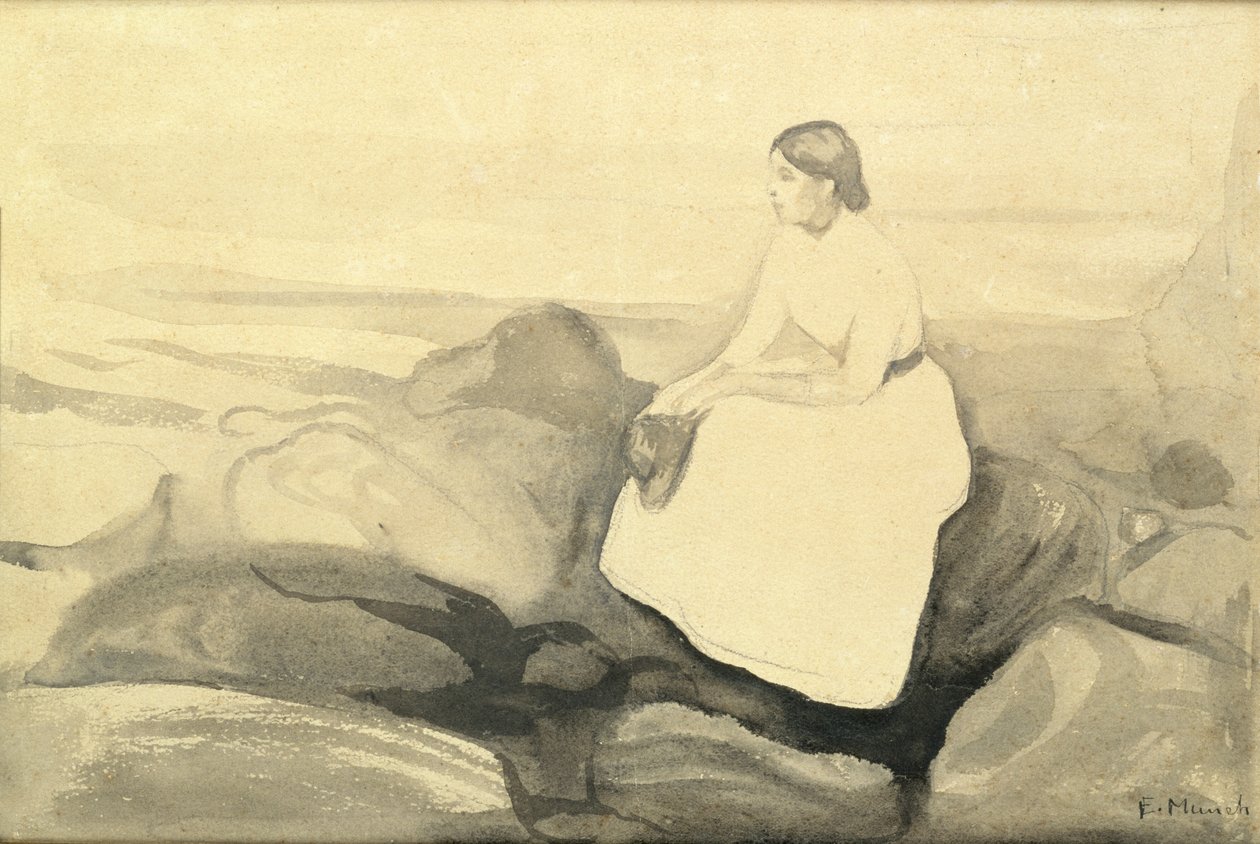 Inger on the Beach, c.1889 (wc e lápis sobre papel colocados no cartão) (ver 24717) de Edvard Munch