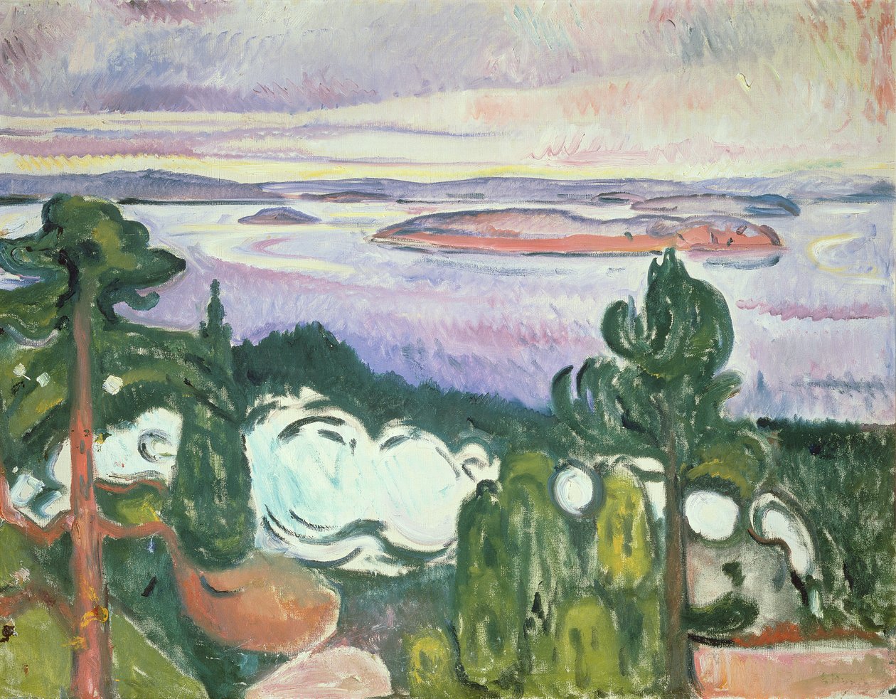 Oslofijord - Praia do Norte (Paisagem com Ferrovia, Trem, Fumaça) 1910 de Edvard Munch