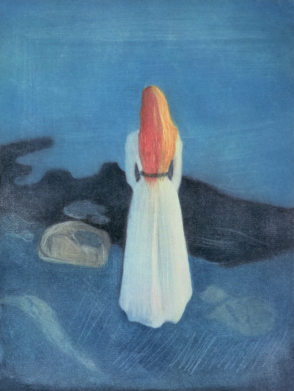 Menina jovem, ligado, um, jetty, (colorido, etching, e, raspado, aquatint) de Edvard Munch