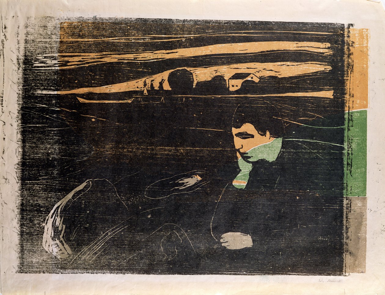 Noite, melancolia: na praia (Abend, Melancholie am Strand) (xilogravura) de Edvard Munch