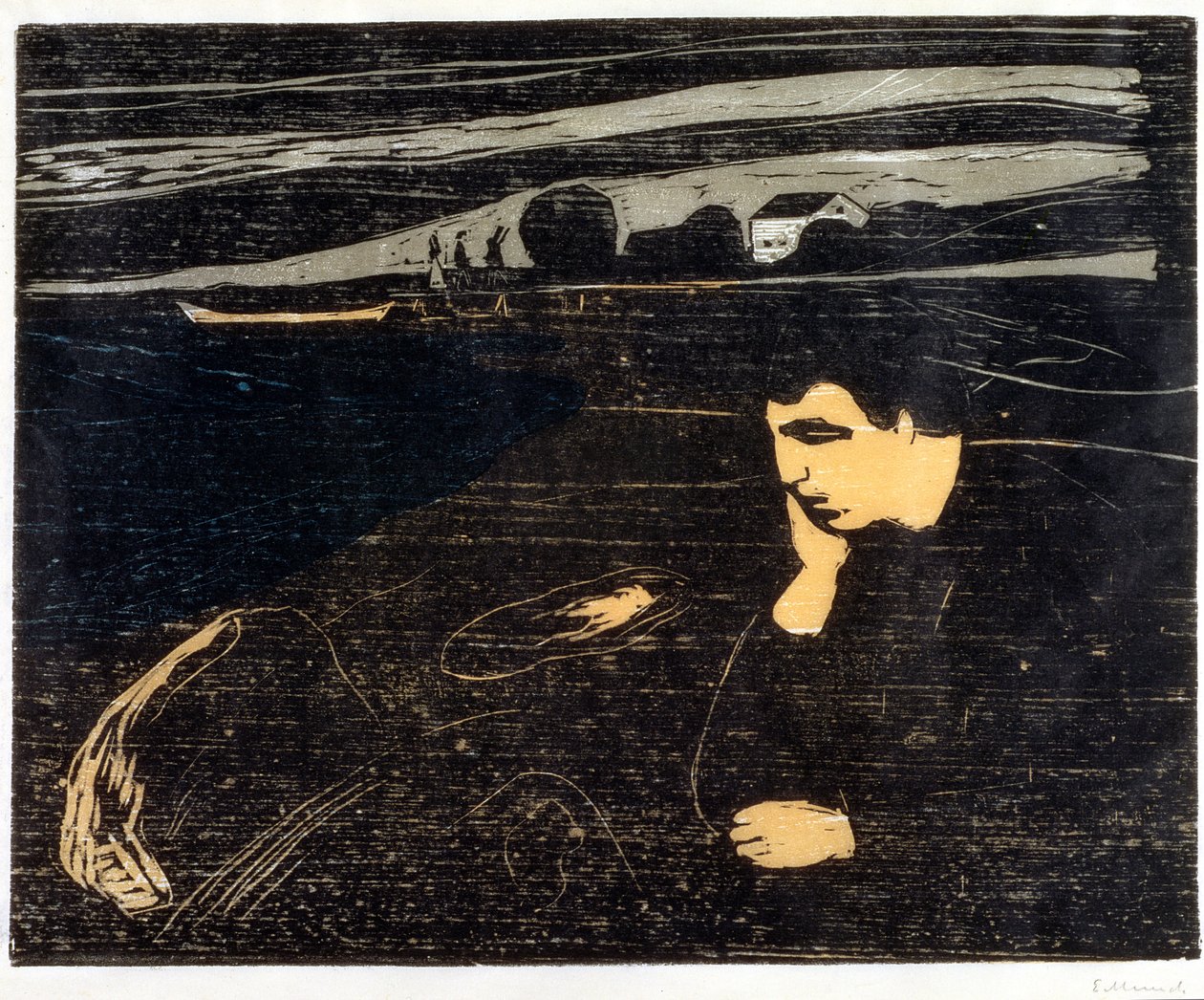 Noite, melancolia: na praia (Abend, Melancholie am Strand) (xilogravura) de Edvard Munch