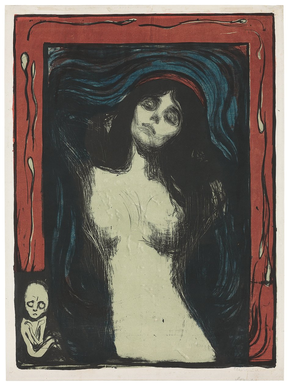 Madonna - Liebendes Weib, c. 1895-1902 (litografia, impressa em preto, vermelho, azul e verde jade no branco) de Edvard Munch