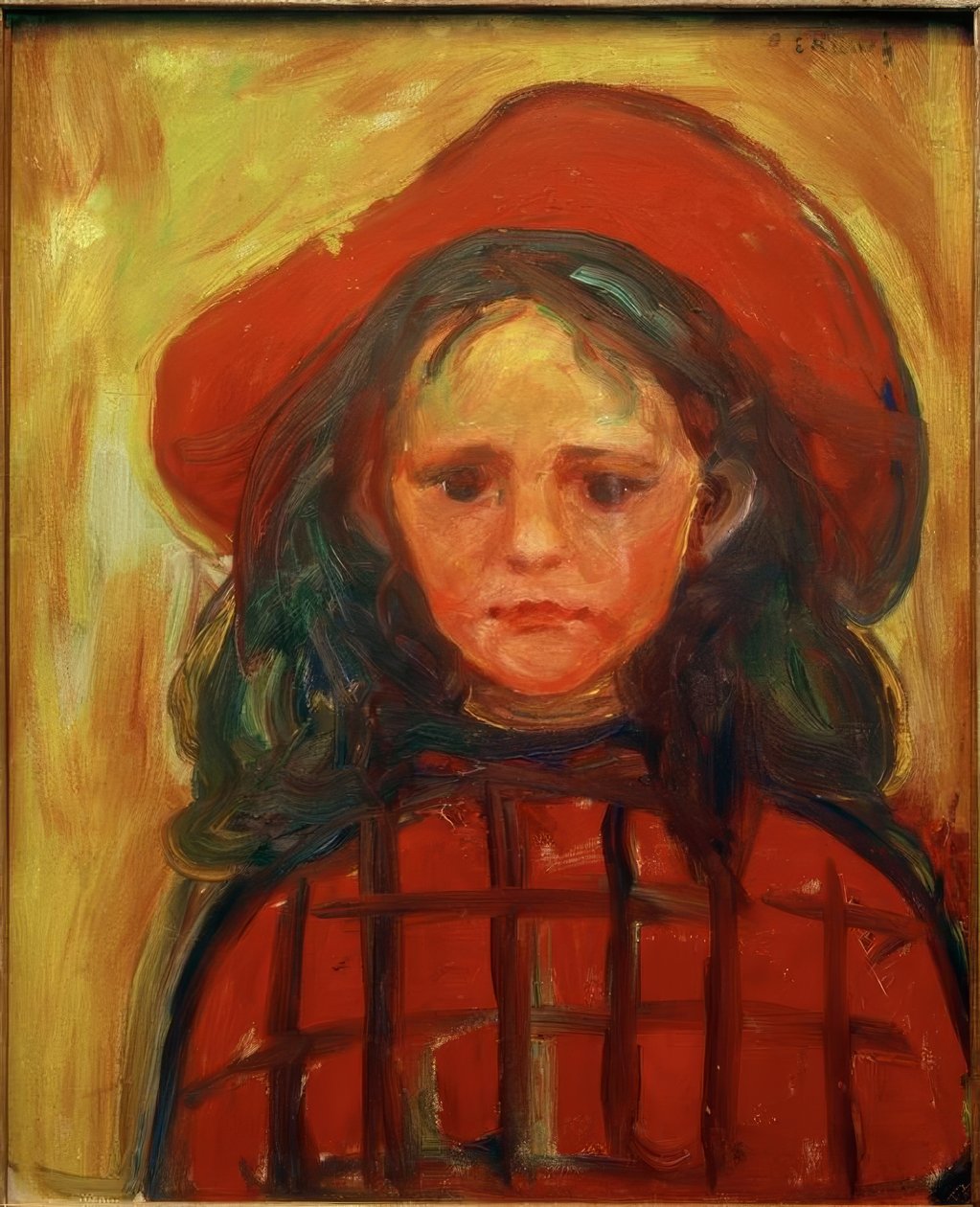 Rapariga com vestido vermelho xadrez e chapéu vermelho de Edvard Munch