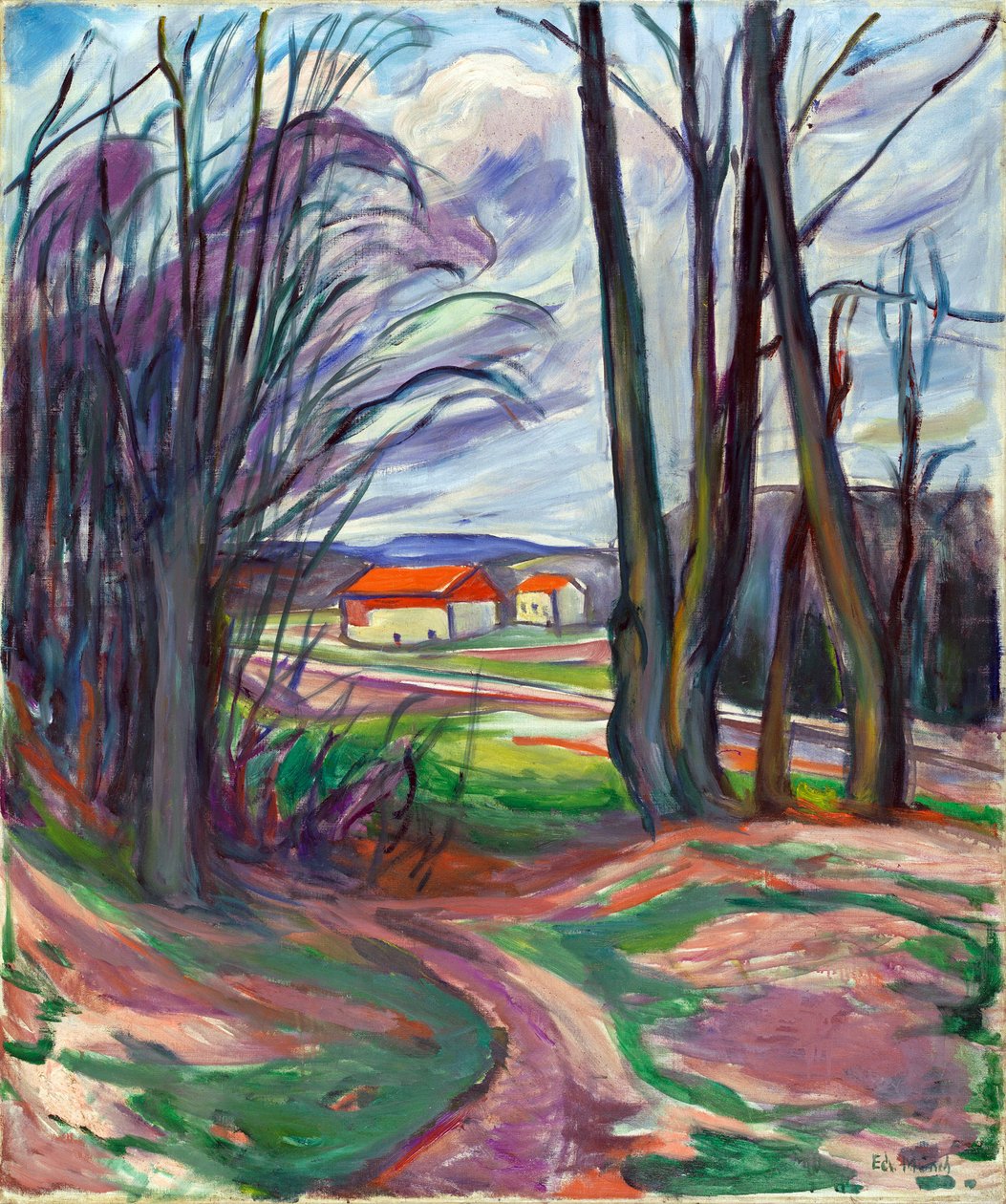 Paisagem em Skoyen (Oslo, Noruega). Pintura por Edvard Munch (1863-1944), óleo sobre tela, ca. 1920. Arte norueguesa, século XX, expressionismo. Colecção privada. de Edvard Munch