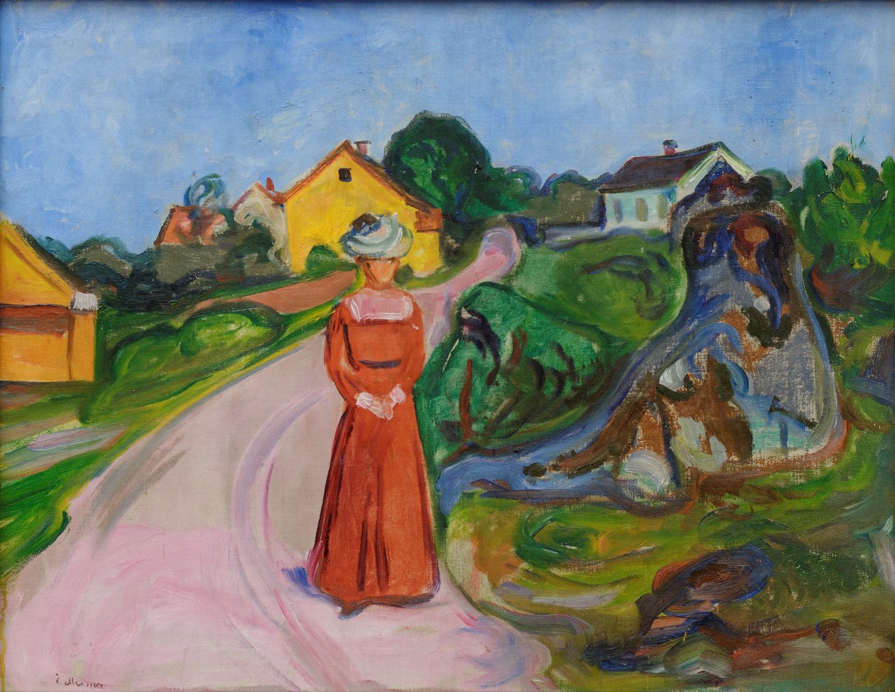 Rua em Åsgårdstrand e mulher de vestido vermelho de Edvard Munch