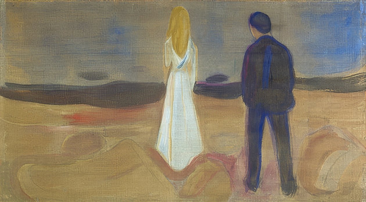 Mennesco. De ensomme (Reinhardt Frisian). - Duas pessoas. Os solitários (o friso Reinhardt). 1906-07 de Edvard Munch