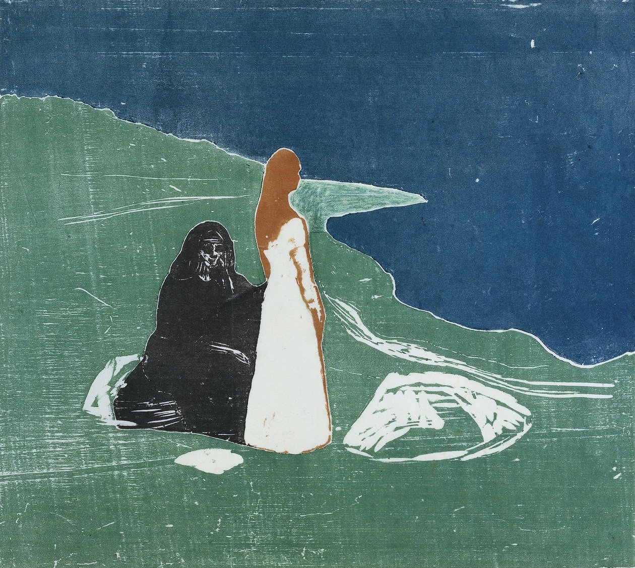 Duas mulheres, praia, 1898, (color, woodcut) de Edvard Munch