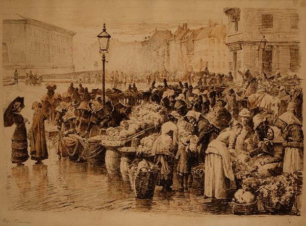 O mercado de vegetais, Copenhague (caneta e tinta) de Edvard Petersen