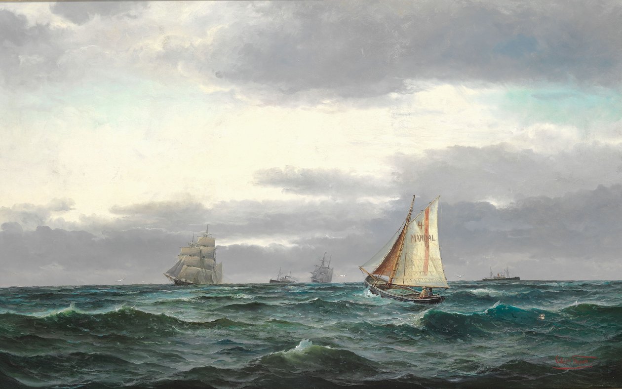 Marinha com vários navios, nuvens cinzentas chuvosas e um pouco de céu azul de Edvard Skari
