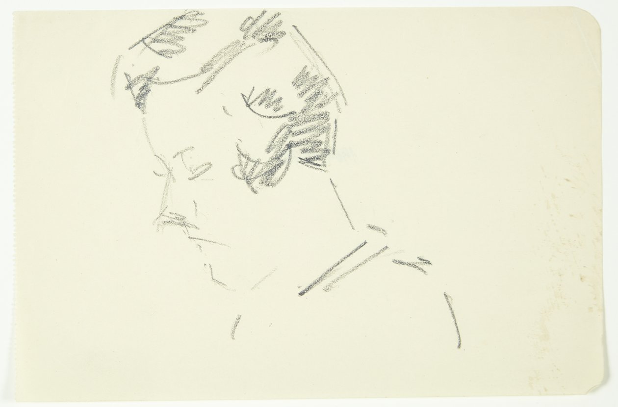 Estudo de retrato da pintora Ellen Olrik, de cabeça baixa, perfil 7/8 à esquerda de Edvard Weie