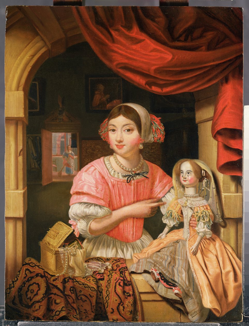 Menina, segurando, um, boneca, em, um, interior, com, um, empregada, varrendo, atrás de de Edwaert Colyer or Collier
