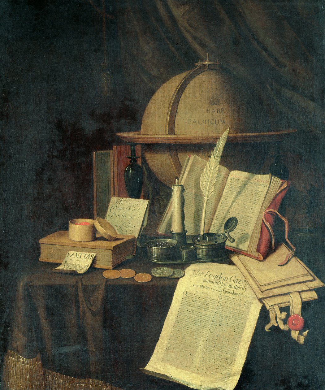 Omnia Vanitas: um globo terrestre, um Caviole, moedas e uma cópia do London Gazette para 13 de julho de 1691 de Edwaert Colyer or Collier