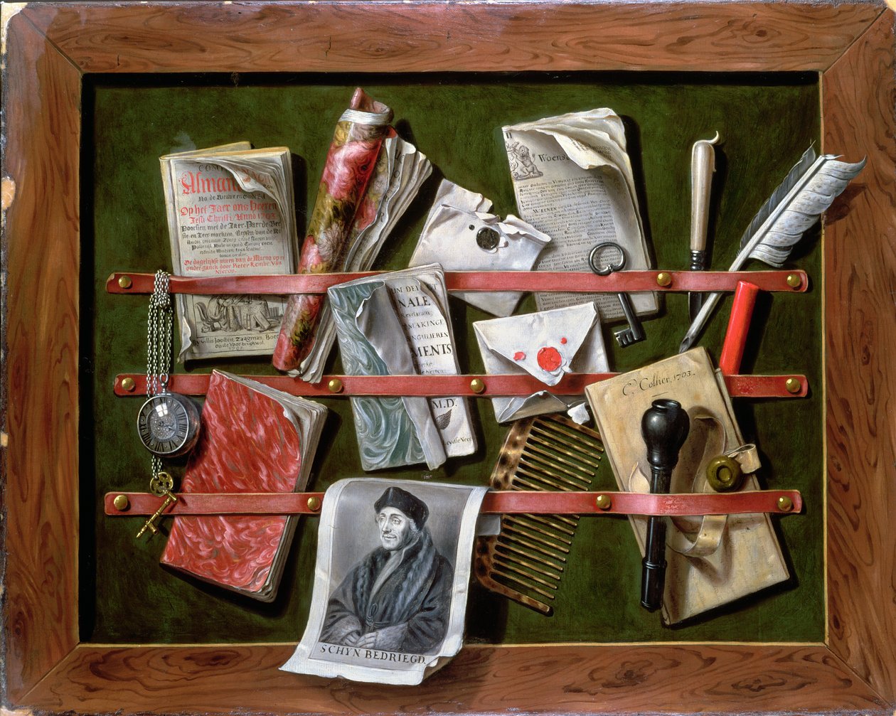 Trompe l&39;oeil carta rack com uma impressão de um homem velho, 1703 (painel) de Edwaert Colyer or Collier