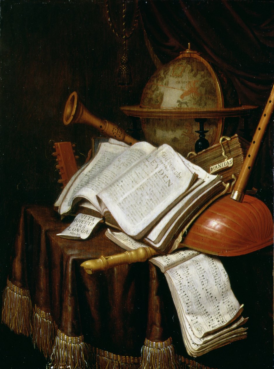 Vanitas com um globo, partituras e instrumentos, 1692 (painel) de Edwaert Colyer or Collier