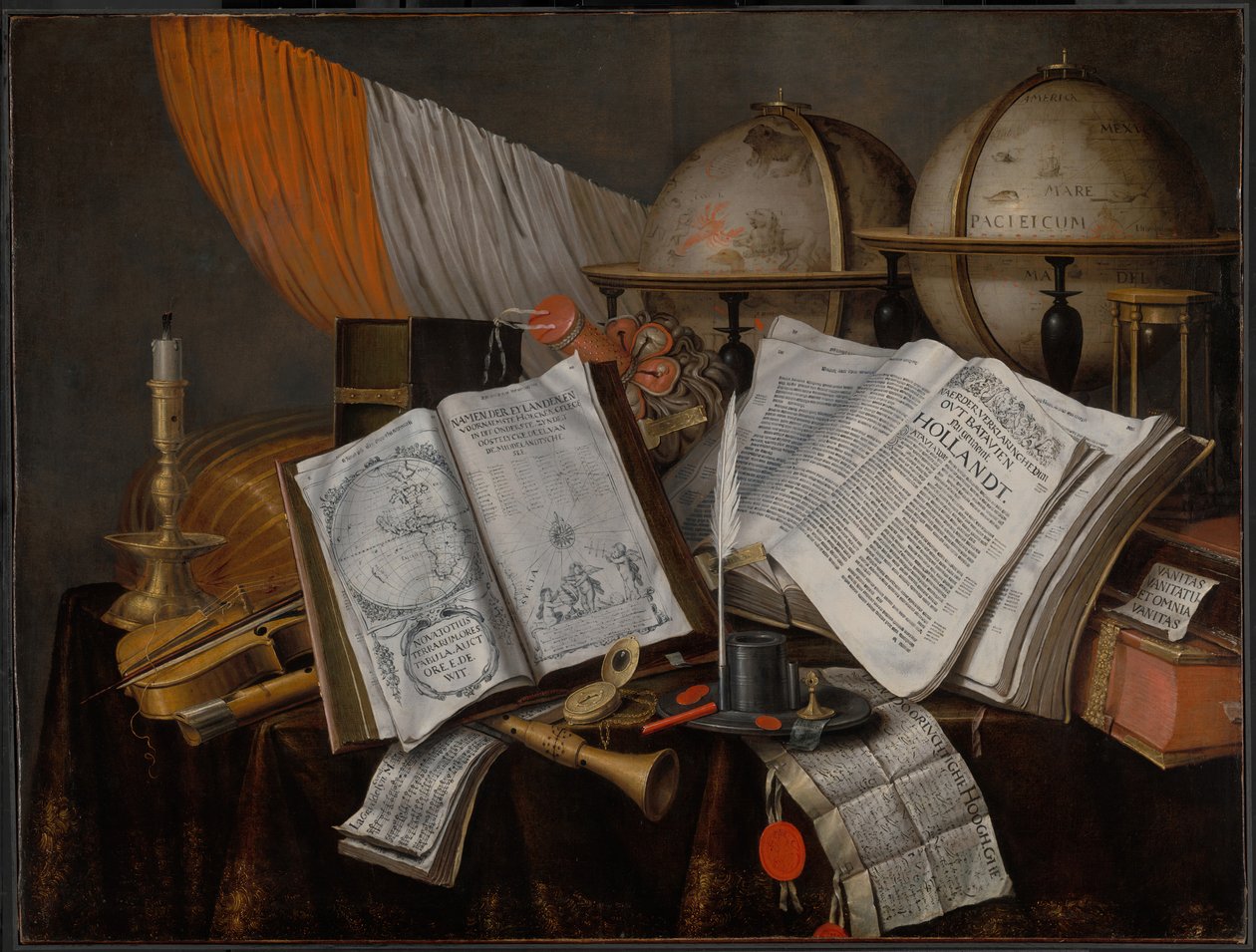 A Vanitas Still Life com uma bandeira, castiçal, instrumentos musicais, livros, parafernália de escrita... de Edwaert Collier