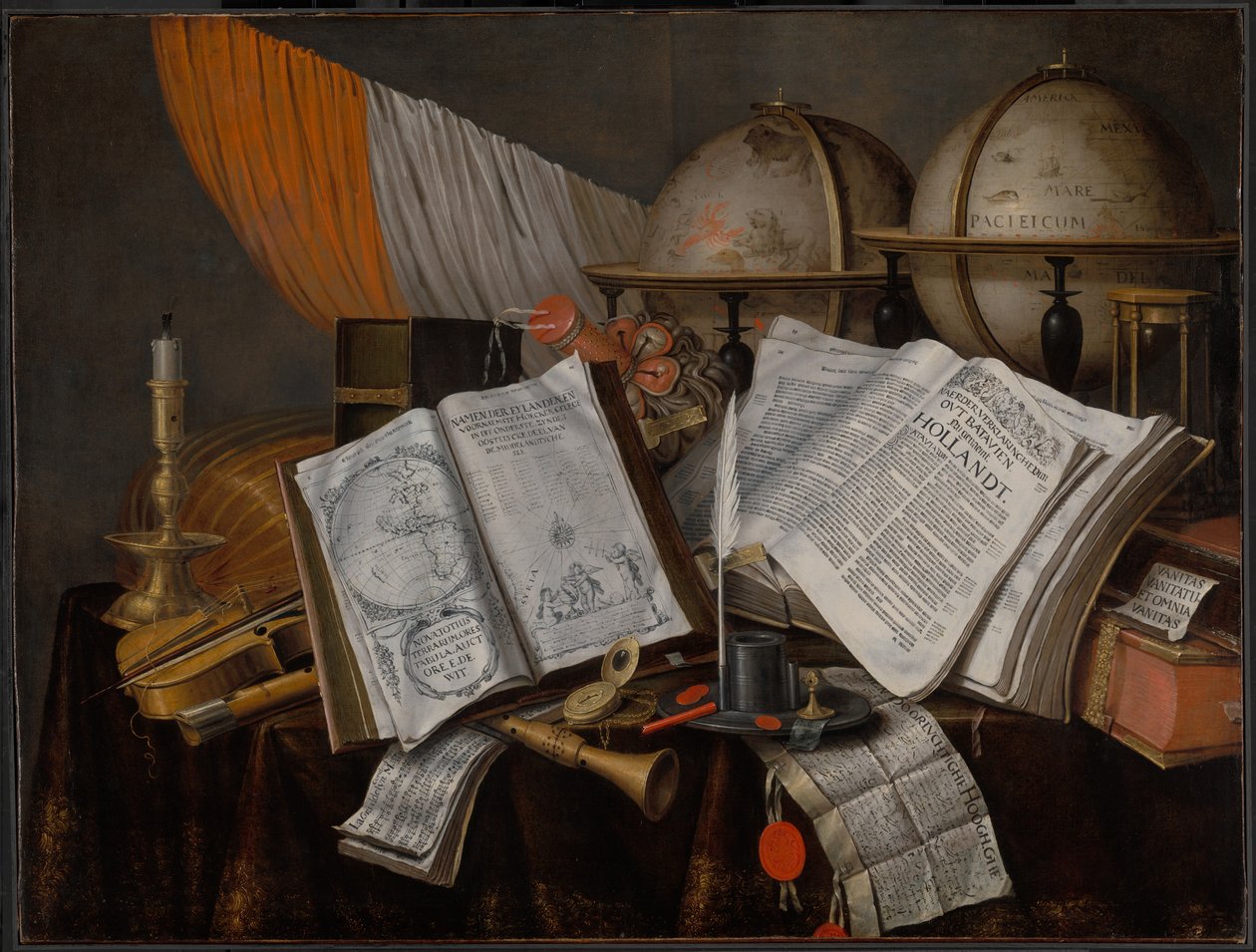 Uma Vanitas Still Life com uma bandeira, castiçal, instrumentos musicais, livros, parafernália de escrita, globos e ampulheta de Edwaert Collier