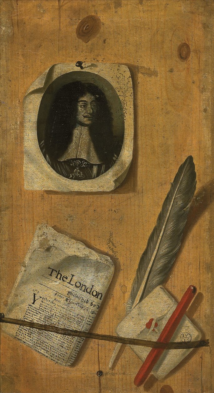 Um porta-cartas trompe-l &39;oeil, com uma gravura do rei Carlos II, um jornal, uma pena, uma caneta e um canivete de Edwaert Colyer or Collier